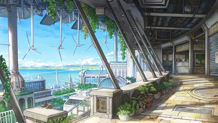 Futuristic Seaside Observation Deck with Windmills - free art & design wallpaper 4000×2250