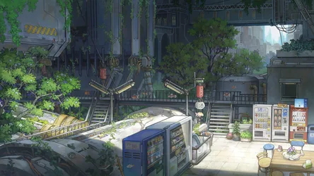 Urban Oasis Cyberpunk Street with Vending Machines and Trees - free anime wallpaper 4000×2250