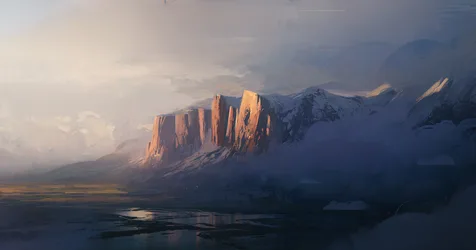 Sunlit Valley Cliffs in Morning Mist - free landscapes wallpaper 3738×1965