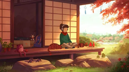 Girl With Headphones On Autumn Porch With Cat - free wallpaper 3200×1800