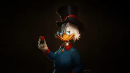 Scrooge McDuck Holding Red Gem on Dark Background - free cartoons & comics wallpaper 3840×2160