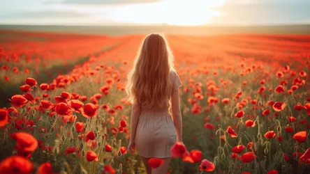 Woman Standing in Red Poppy Field at Sunset - free people & portraits wallpaper 3840×2160