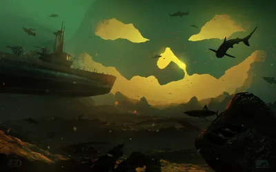 Sunken Submarine Among Sharks and Halloween Pumpkins - free fantasy wallpaper 1920×1200