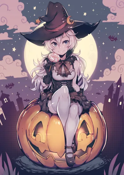 Halloween Witch on Giant Pumpkin Under Moonlight - free anime wallpaper 2894×4093