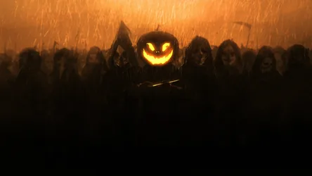 Halloween Pumpkin Head Among Shadowy Figures - free dark wallpaper 2560×1440
