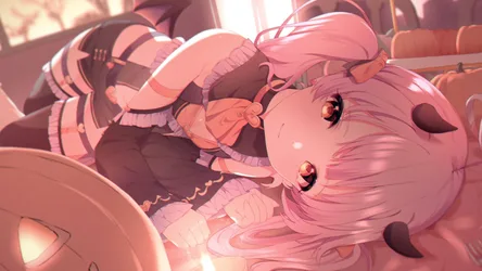 Pink Haired Succubus in Halloween Pumpkin Setting - free anime wallpaper 2048×1151