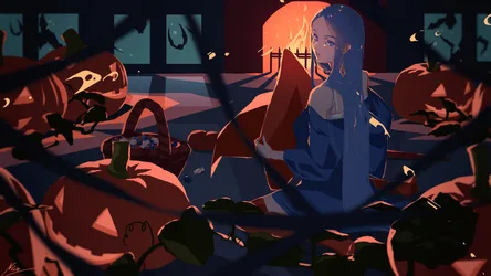 Tina's Halloween Night with Fire and Pumpkins - free anime wallpaper 3840×2160