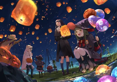 Halloween Night Sky Lanterns Celebration - free anime wallpaper 4096×2892