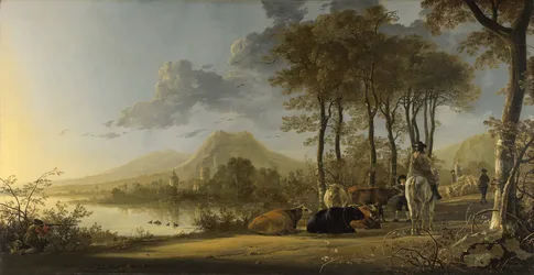Pastoral Landscape With Horseman and Cattle by a River - free wallpaper 3840×1977