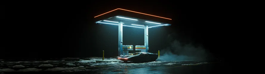 Neon Gas Station in the Snow - free wallpaper 5920×1665
