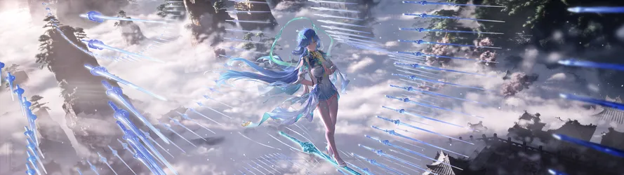 Qingxiao Soaring Through the Clouds in Wuthering Waves - free wallpaper 7680×2160