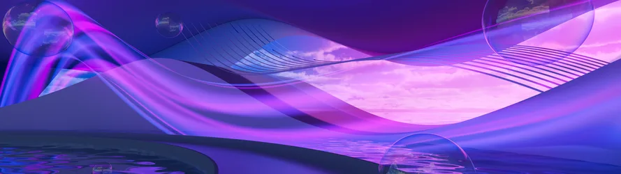 Purple Digital Dreamscape with Flowing Lights and Water - free abstract wallpaper 7680×2160