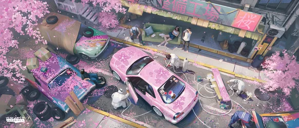 Pink Cars Cherry Blossom Street Art - free wallpaper 3840×1650