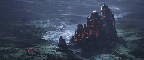 Burning Castle Overlooking the Misty Valley - free wallpaper 3840×1607