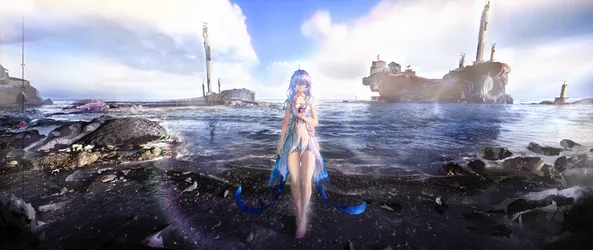 Shorekeeper Wading Through Wuthering Waves Ruins - free wallpaper 5120×2160