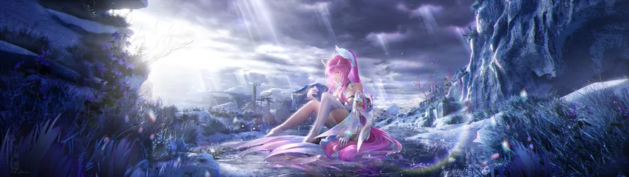 Aemeath of Wuthering Waves in a Mystical Valley - free wallpaper 6144×1728