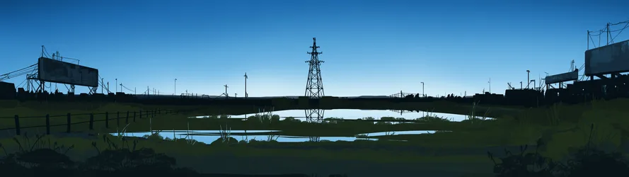Industrial Landscape at Dusk with Power Lines and Water Reflection - free wallpaper 5640×1586