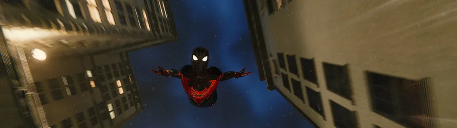 Miles Morales Soaring Through The Neon Cityscape - free wallpaper 3840×1080