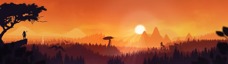 Aloy Overlooking The Forbidden West at Sunset - free wallpaper 3840×1080