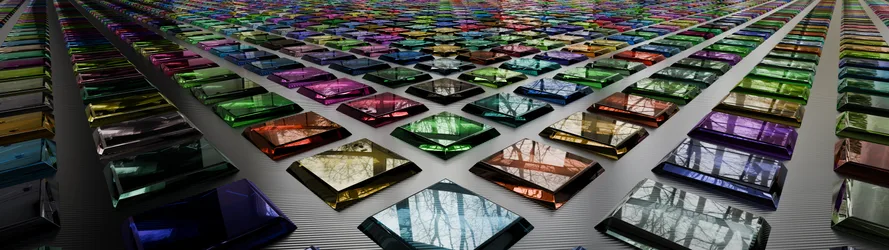 Colorful Crystal Devices in Digital Pattern Array - free wallpaper 7680×2160