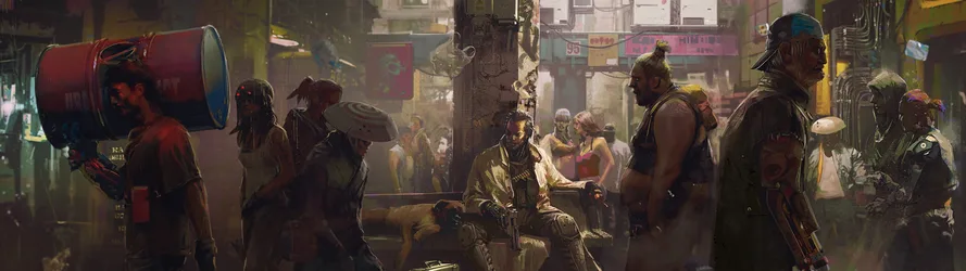 Cyberpunk 2077 Street Gathering in Neon City - free gaming wallpaper 3840×1080