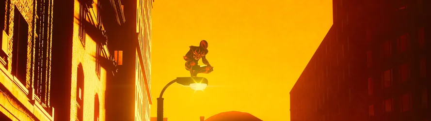 Miles Morales Perched on a Street Light at Sunset - free wallpaper 3840×1080