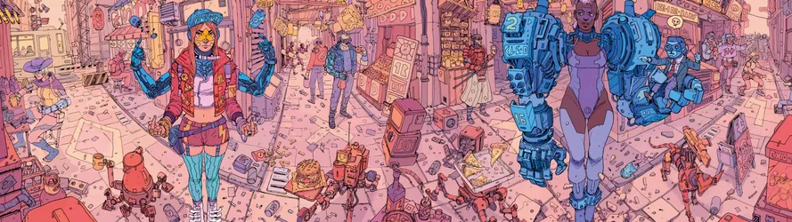 Futuristic City Street with Armored Girl and Robots - free wallpaper 5144×1446