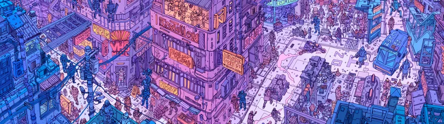 Neon Futuristic City District with Robots and Police - free wallpaper 5144×1446