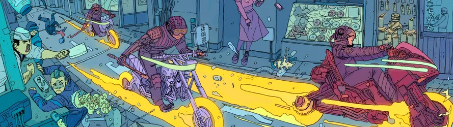 Neuromancer Cyberpunk Motorcycle Chase - free sci-fi wallpaper 5144×1446