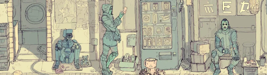 Cyberpunk Robots in a Messy Futuristic Room - free wallpaper 4950×1392