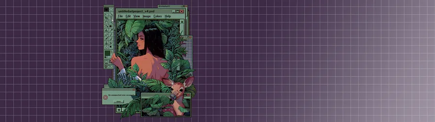 Windows 95 Girl With Deer Among Leaves - free art & design wallpaper 3840×1080