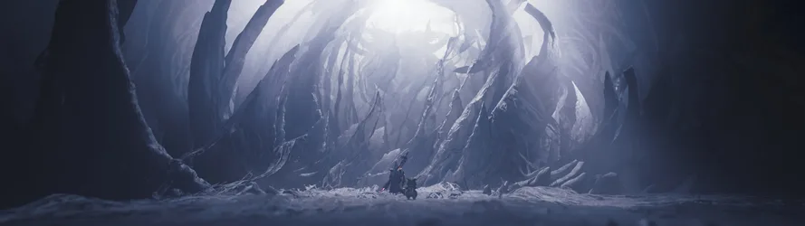 Monster Hunter Wilds Explorer Awaits in Ancient Cavern - free fantasy wallpaper 5120×1440
