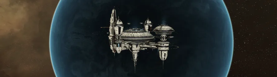 EVE Online Space Station Orbiting Planet - free space wallpaper 5120×1440