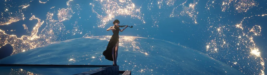 Violin Player Over Earth at Night - free art & design wallpaper 10240×2880