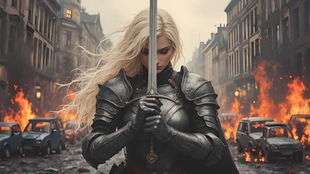 Armored Warrior With Sword in Burning City Street - free wallpaper 8000×4500