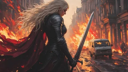 Warrior Woman In Burning City Street - free wallpaper 8000×4500