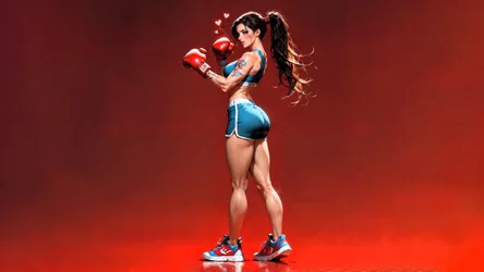 Female Boxer in Blue Sports Gear Against Red Background - free anime wallpaper 3840×2160