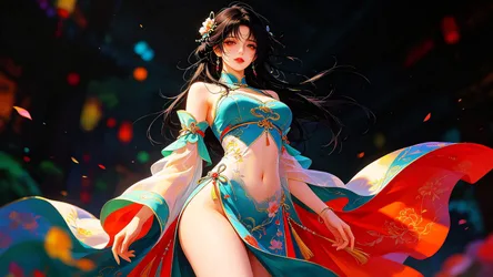 Anime Woman in Traditional Blue and Red Dress - free wallpaper 7680×4322