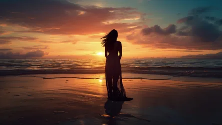 Woman in Flowing Dress Standing on Beach at Sunset - free people & portraits wallpaper 7680×4320