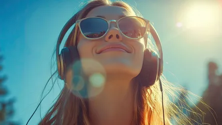 Woman in Sunglasses and Headphones Enjoying Sunset - free wallpaper 7680×4320