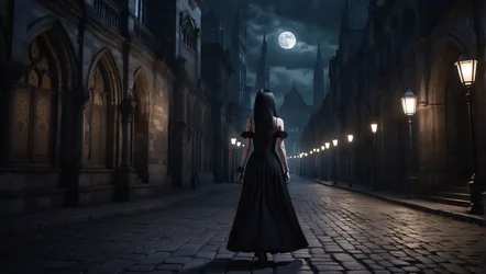 Woman in Black Dress on Moonlit Gothic Street - free wallpaper 5000×2828