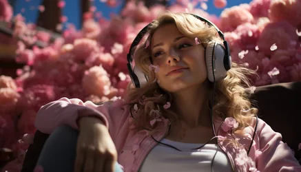 Woman in Headphones Among Pink Blossoms - free people & portraits wallpaper 6067×3467