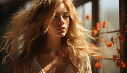 Woman with Blonde Hair by Autumn Flowers in Sunlight - free people & portraits wallpaper 3840×2194