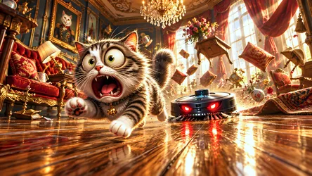 Shocked Cat Chasing Robot Vacuum In Luxury Palace - free animals wallpaper 8360×4705