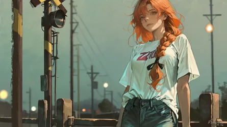 Orange-Haired Girl on Industrial Platform at Dusk - free anime wallpaper 4000×2248