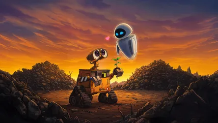 WALL-E and EVE Robot Love in Desert Sunset - free movies & tv wallpaper 5120×2880