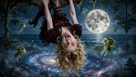 Upside-Down Vampire Woman Hanging from Tree Branch - free fantasy wallpaper 5120×2880
