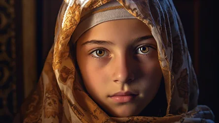 Portrait Of A Young Girl In Golden Headscarf - free wallpaper 6000×3375