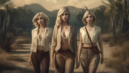 Three Blonde Women in Desert Explorer Outfits - free wallpaper 3840×2160