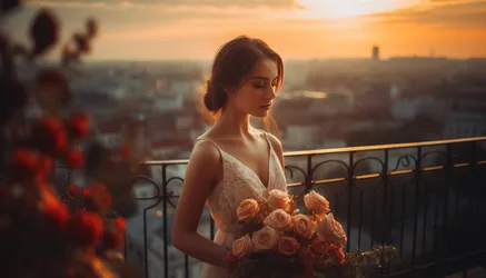 Woman in White Dress with Roses at Sunset Overlook - free people & portraits wallpaper 3840×2194